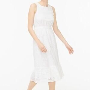 J Crew Midi Dress Womens 8 White Eyelet Sleeveless Tiered Cottage Feminine NEW